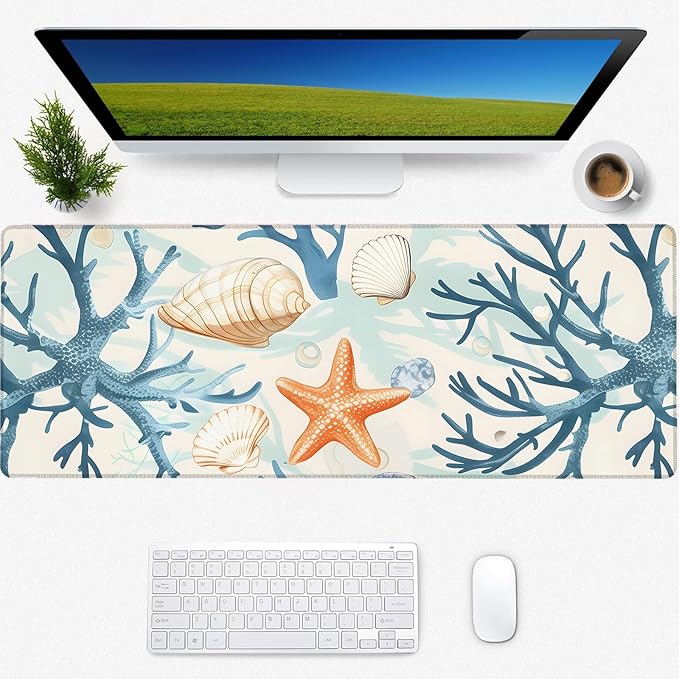Starfish Coral Ocean Gaming Mouse Pad, Desk Mat, Non-Slip Rubber Base Cool Aesthetic MousePads for Computer Laptop Keyboard Office School Home Desktop Accessories Decor 31.5" x 11.8"