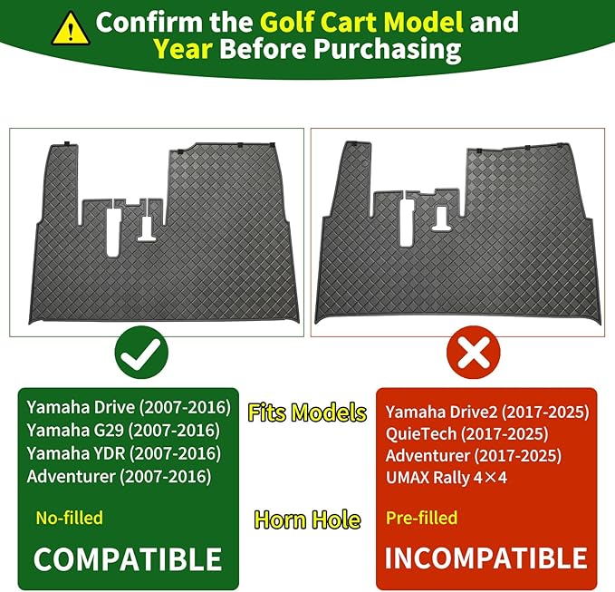 Golf Cart Floor Liner Mat 8mm Thick Rubber Full Coverage Only Fit for 2007-2016 Yamaha Drive (Gen1), G29, YDR, Adventurer Carts Diamond Deluxe Non-Slip Front Feet Mat Replacement - Black Trim