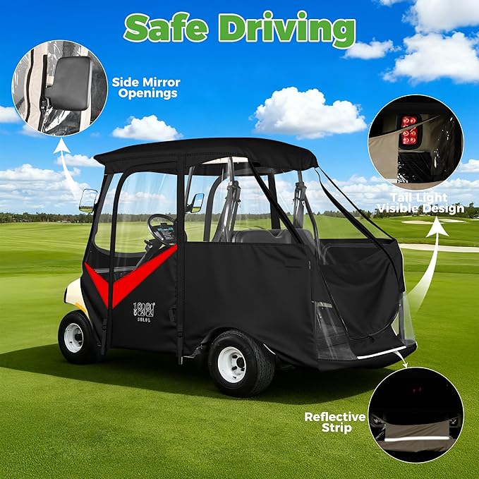 10L0L 4 Passenger Golf Cart Enclosure for Club Car DS Short Roof, 600D Waterproof Golf Cart Rain Cover, Heavy Duty Driving Enclosure, Snowproof Windproof, with Clear PVC Windows & Tail Light Panel