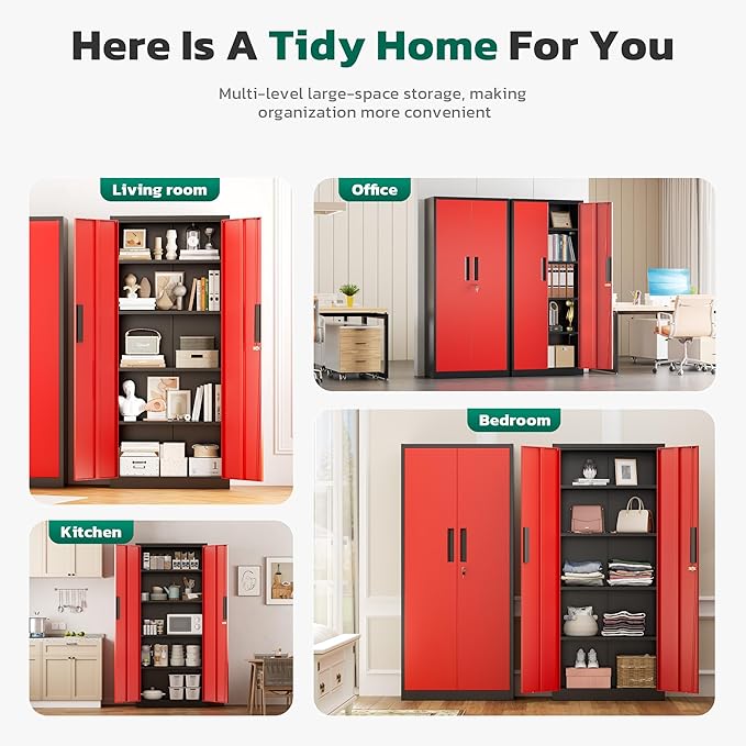 Greenvelly Metal Pantry Cabinet, 63”Tall Kitchen Pantry Storage Cabinets with 2 Lock Doors and 4 Adjustable Shelves for Home Office, Dinning Room,Garage(Black Red)