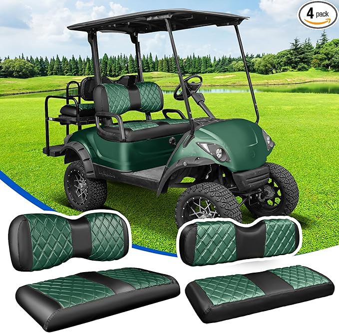 NOKINS 4PCS Golf Cart Seat Covers Kit, Front and Rear Seat Covers Fits YAMAHA/G29/Drive2 Standard Seat Cushion, Yamaha Vinyl Diamond Replacement Seat Covers, No Stapler (Dark Green&Black)