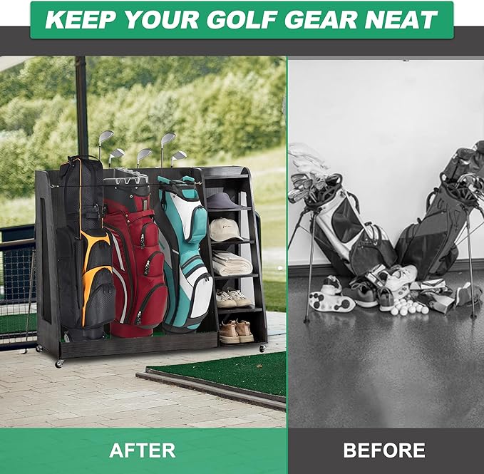 Golf Bag Organizer Storage Rack Stand Holder Fits Extra Large Golf Club Bags and Multiple Golfing Equipment Accessories for Garage Home Simulator and Office