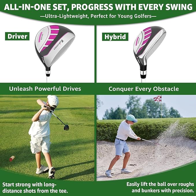 5/6 Pieces Kids Golf Club Set, Junior Golf Club Set Ages 4-12 Includes Stand Bag, 1# Drive, 5# Hybrid, 6/7#, 9/P# Irons and Putter Right Hand for Boys Girls