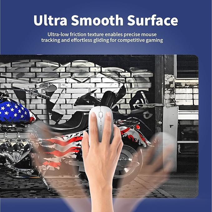 XXL Gaming Mouse Pad with Stitched Edges for PC Home & Office - USA Motorcycles Flag Brick Graffiti Wall Patriotic Themed Design, Smooth Cloth Surface Anti-Slip Rubber Base Large Desk Mat