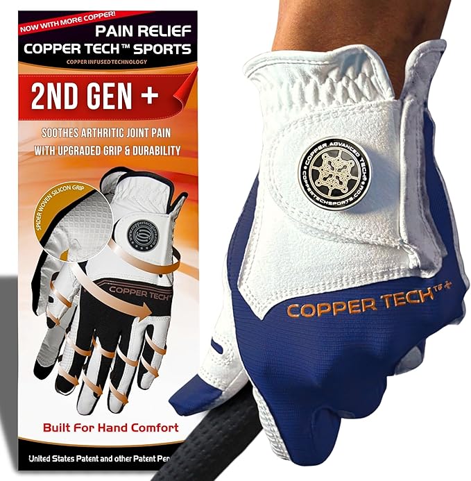 Copper Tech Golf Gloves Men Right Handed Golfer or Left Handed Golfer (2nd Gen) | Copper Compression Joint Support Golf Glove (White/Navy, Small, [Right Hand] for Left Handed Golfers)