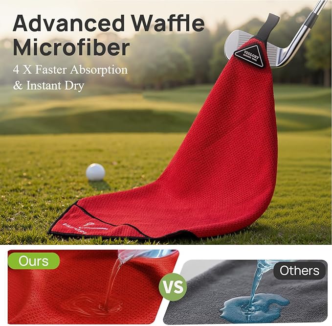 Magnetic Golf Towel for Bag 18" x 18" with Clip Exclusive Cleaning Pocket Microfiber Waffle Ultra Absorbent Club Ball Cleaner Essential Golf Accessories and Gifts for Men Women(Red 1 Pack)