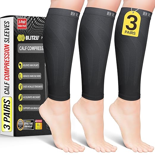 BLITZU 3 Pairs Calf Compression Sleeves for Men and Women. Footless Compression Socks & Leg Support for Running, Travel, Nursing, Fitness. Shin Splints Pain Relief & Reduce Swelling Black 4XL