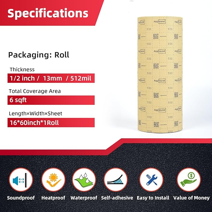 Sound Deadening Mat 1/2inch(13 mm) 6.54sqft - Aluminum Foil Foam Car Sound Deadening Material - Self-Adhesive Hood Insulation Heat Shield Auto Sound Dampening