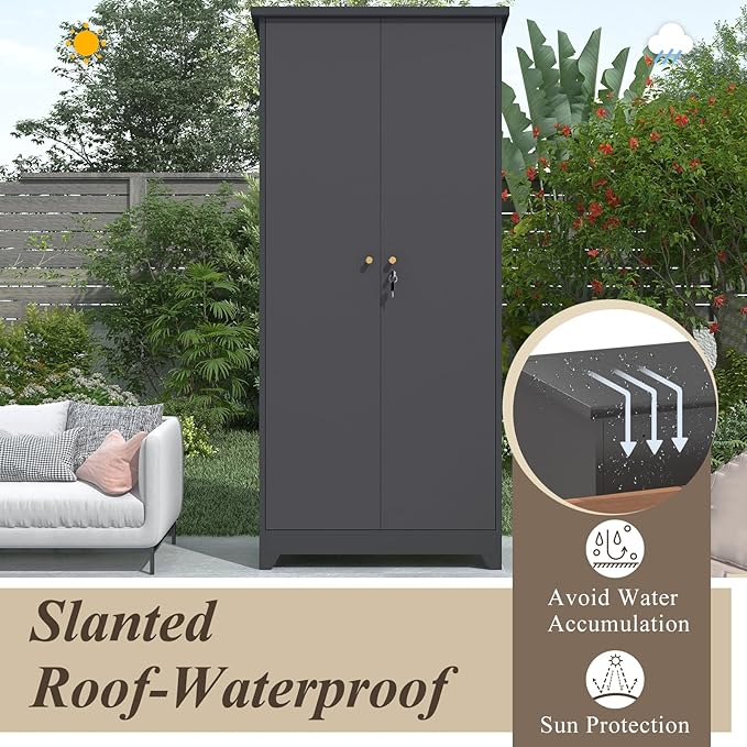 GREATMEET 72.8" Outdoor Broom Storage Cabinet, Metal Storage Cabinets for Cleaning Supplies with Slanted Roof, Utility Closet, Waterproof Outdoor Shed for Broom Mop, Grey