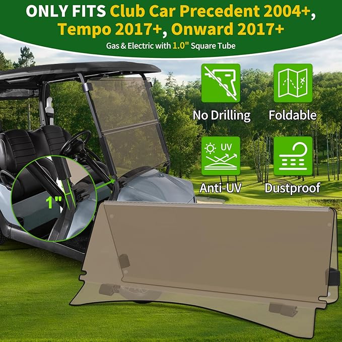 Golf Cart Foldable Windshield 3/16" (5MM) Thicken Only Fits Club Car Precedent 2004+, Tempo 2017+, Onward 2017+, 1"×1" Struts Rail Front Folding Acrylic Windshield Replacement - Tinted
