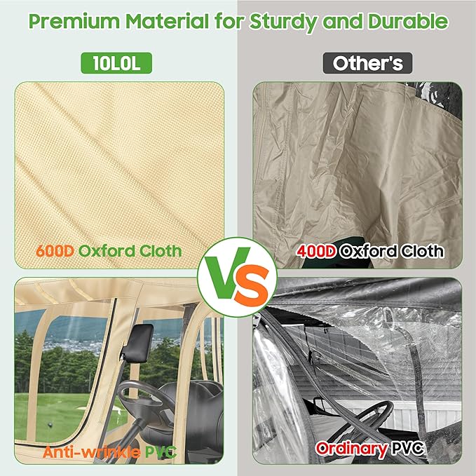 10L0L 4 Passenger Golf Cart Driving Enclosure for Club Car Precedent with Short Roof Up to 57", 4-Sided Clear Window 600D Rain Cover All Weather Windproof Waterproof - Beige with Grey