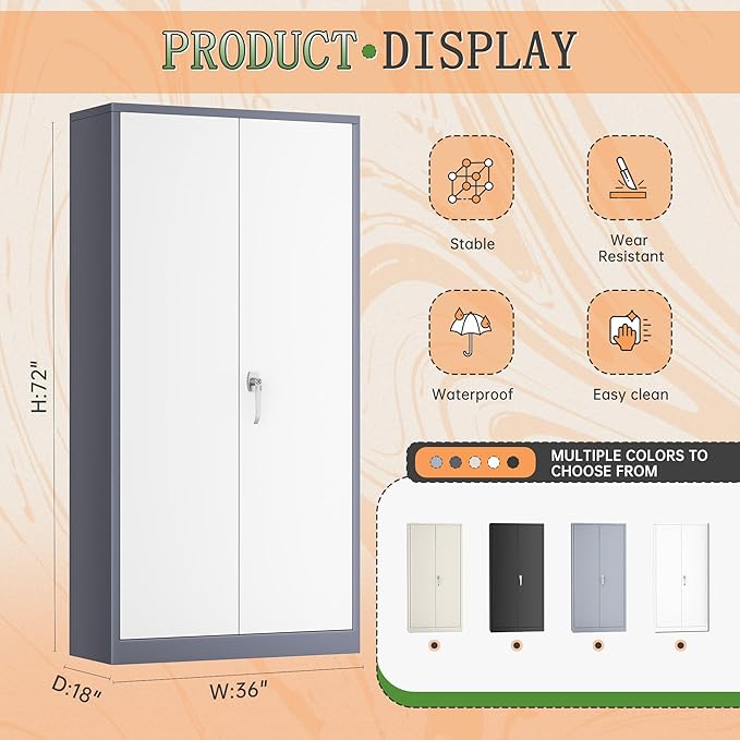 Greenvelly Metal Wardrobe Cabinet with Lock Door, 72" Metal Wardrobe Closet Cabinet with Hanging Rods and Adjustable Shelves, Steel Storage Locker Closet for Home, Office, Employee, Gym (White Grey)