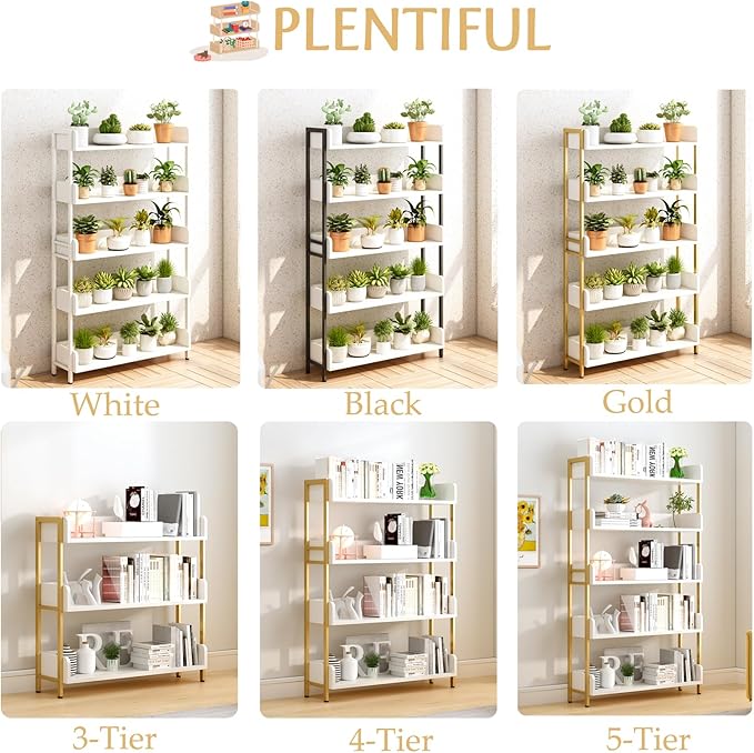 Wide Open Shelf Bookcase - Modern 4-Tier Floor Standing Display Bookshelf with Three-Side Baffles for Home and Office, Storage Shelving in Warm White with Gold Frame