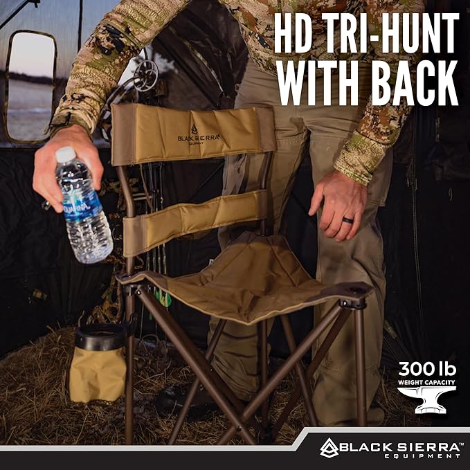 Black Sierra XL Tripod Hunting Stool, Foldable Tripod Seat w/Steel Frame Supports 300 Lbs, Heavy Duty Fishing Chair Features Cup-Holder & Carry Shoulder Strap, for Camping, Hiking, Fishing