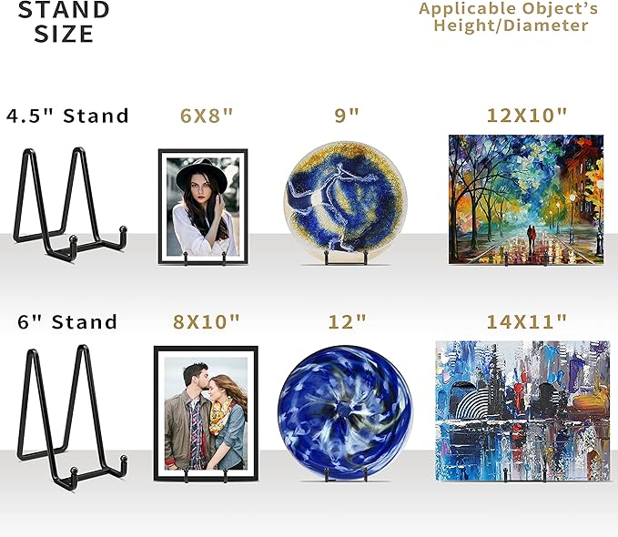 4 Pack Plate Stands for Display - 4.5 Inch Metal Square Wire Plate Holder Display Stand + Picture Frame Stand Holder Easel for Book, Decorative Plate, Plaque, Photo, Platter (Black)