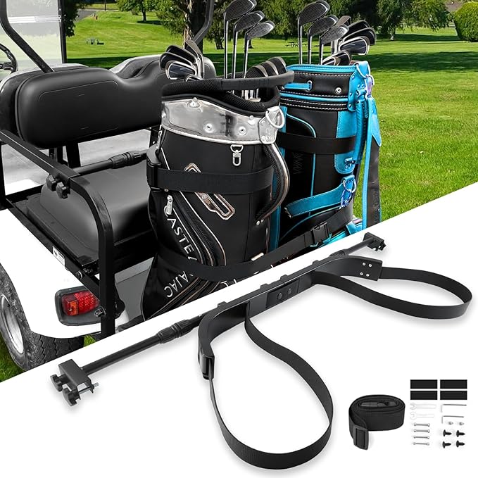 Golf Cart Bag Holder Bracket Upgraded Metal Attachment for 2+2 Rear Seat with 1 Inch Square Rail Golf Cart, No Drilling Required Golf Bag Rack for EZGO Club Car Yamaha Included All Hardware
