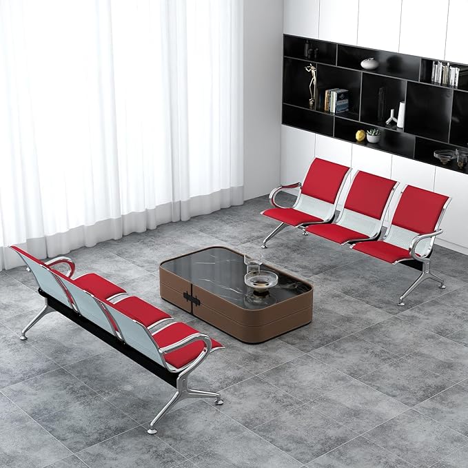 Kinfant Red 6-Seat Waiting Room Chairs with Arms – Heavy-Duty Steel Frame PU Leather Back & Cushioned Seat, Ergonomic Office Reception Guest Chair for Lobby, Clinic, Airport