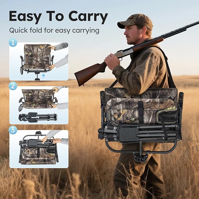 LET'S CAMP Folding Hunting Chair for Blinds 360 Degree Silent Swivel, 330LBS Capacity Portable Padded Cushion Hunting Seat with Armrest, 4 Legs Adjustable Height, Shoulder Strap, Cup Holder-CAMO