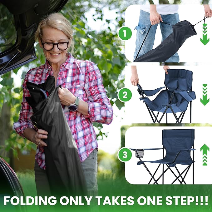 2 Pack Portable Camping Chairs Folding Lawn Chair Outdoor Lightweight Beach Chair with Cup Holder & Carry Bag for Outside Sports, Fishing, Hiking, Travel, Picnic, Backyard (Navy)