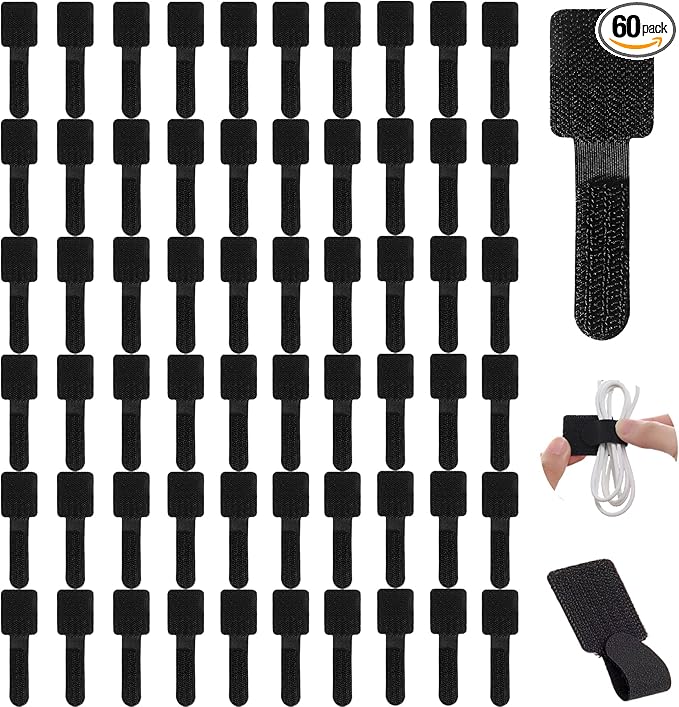 60 Pcs Adjustable Hook and Loop Cable Ties,Self-Adhesive Wire Holder,Under Desk Cord Hider for Office Accessories,Cord Organizer for Home/Office(Black)