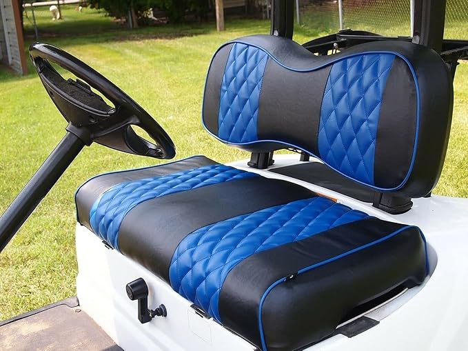 Huskey 2PCS Golf Cart Front Seat Covers for EZGO RXV 2008-UP G&E Models Custom Two-Tone Black/Blue Diamond Stitching with Blue Piping, Marine Grade Vinyl Material, Staple on Design