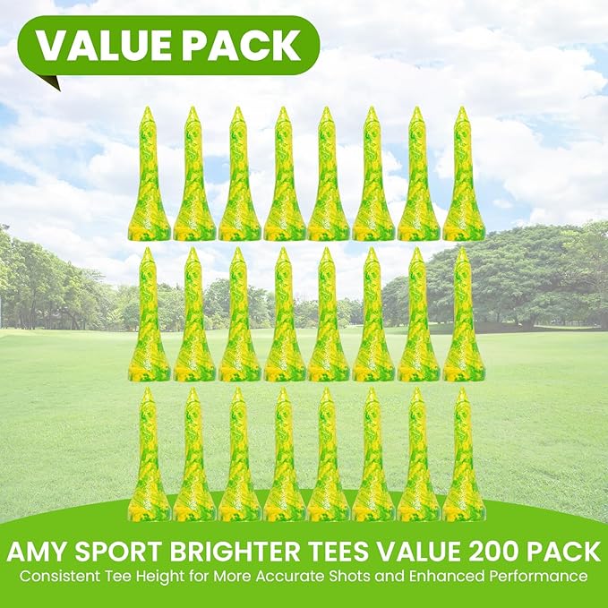 Amy Sport Golf Tees Styllish Bamboo Wooden Coloured Painted Bulk 200 Pack 1 1/2 3 1/4 2 3/4 Inch Tee, Enhanced Visibility Color Purple Pink Green Blue, Practice for Men Women