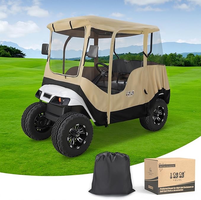 10L0L 2/4 Passenger Golf Cart Driving Enclosure for EZGO TXT/RXV Model, 4-Sided Clear Window 600D Rain Cover All Weather Windproof Waterproof - Black/Beige