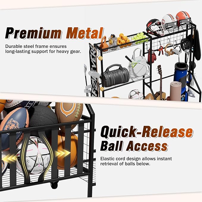 Sports Equipment Organizer Pro, Heavy Duty Golf Bags Stand, Extra Large Ball Storage Rack for Garage, Sports Gear Storage with Pegboard and Hooks, 360° Swivel Wheels