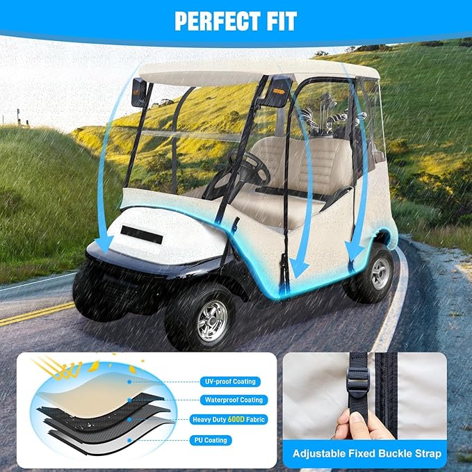 iLSKW Golf Cart Driving Enclosure 2 Passenger Only for Club Car Precedent 2004-Up, Tempo & Onward 2017-Up Cart with Roll Up Door Zipper Design, 4-Side Clear Windows 600D Heavy Duty Rain Cover