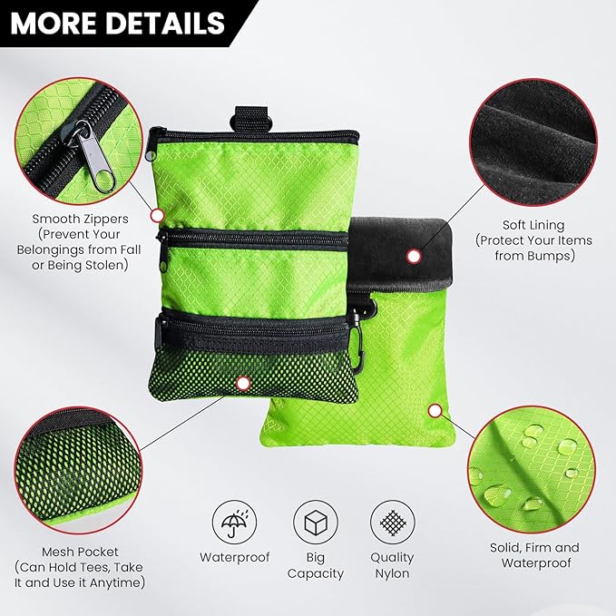 Golf Bag Accessories Valuables Pouch Bags Multi Pocket Zipper Hook with 10 Pcs Wood Golf Tees for Men Women