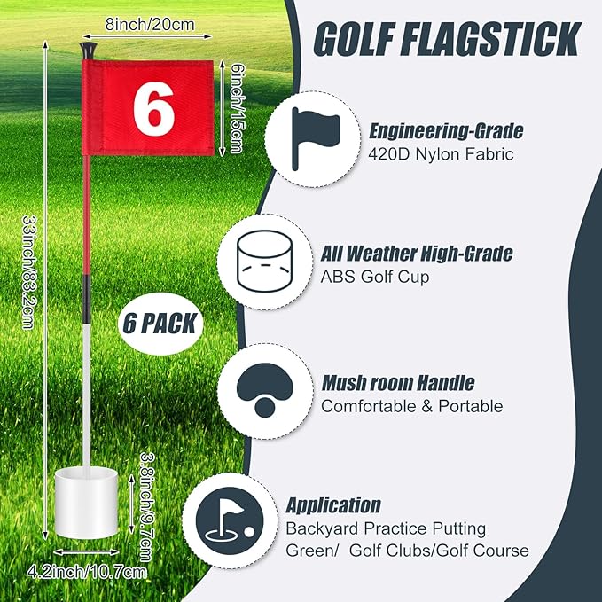 Lenwen 6 Set Golf Flagstick Golf Pin Flag Hole Cup Set Putting Green Flag and Poles Nylon Practice Portable 2 Section Design Putting Green Gifts for Yard Backyard Garden Driving Range
