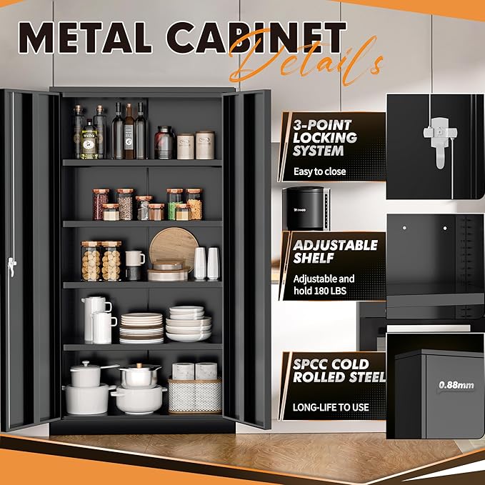 INTERGREAT Metal Storage Cabinet, 72" Locking Steel Cabinets with 2 Door and 4 Adjustable Shelves, Tall Metal Cabinet for Home Office, Garage, Warehouse, Black