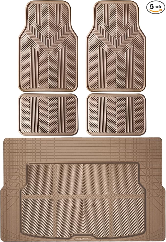 CAR PASS Universal Car Floor Mats & Cargo Liner Full Set, Waterproof Anti-Slip Rubber Trim to Fit Trunk Mats All Weather Protection Fit Car SUV Sedan Coupe Vehicle Automotive 5 Pieces, S-M Size Beige