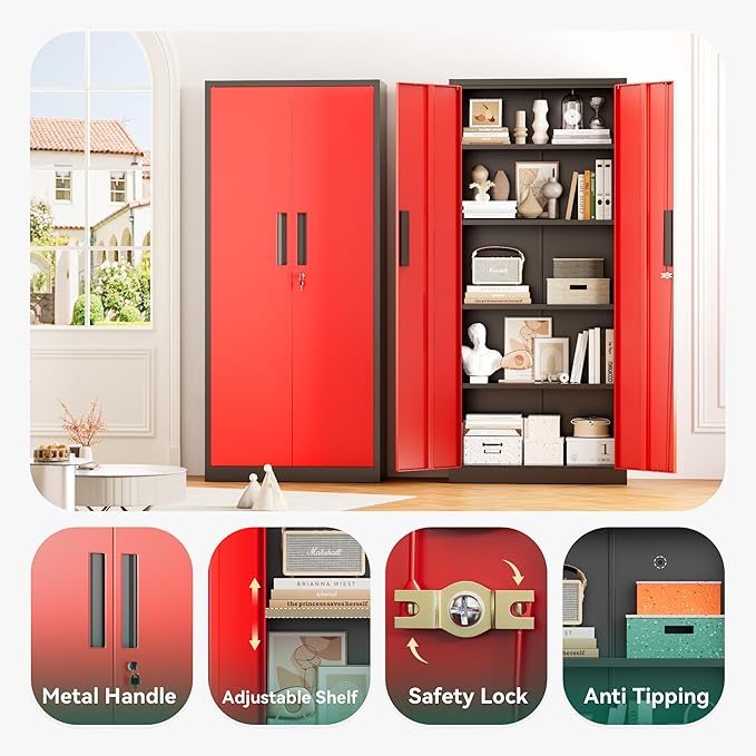 Greenvelly 63" H Metal Storage Cabinet Black Red, Locking Metal Cabinet, Store Tools, Clothes, Tableware and Toiletries, Garage Cabinets with Adjustable Shelves for Office, Home, Garage, Pantry