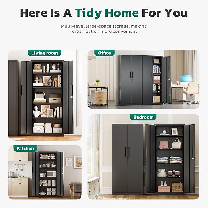 Greenvelly Metal Pantry Cabinet, 63”Tall Black Kitchen Pantry Storage Cabinets with 2 Lock Doors and 4 Adjustable Shelves for Home Office, Dinning Room,Garage