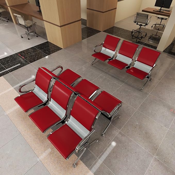 Kinfant Red 9-Seat Waiting Room Chairs with Arms – Heavy-Duty Steel Frame PU Leather Back & Cushioned Seat, Ergonomic Office Reception Guest Chair for Lobby, Clinic, Airport