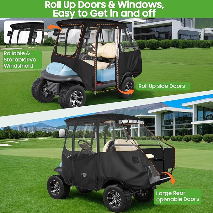 10L0L Golf Cart 4 Passenger Enclosure for Club Car Precedent Short Roof 57.5" Deluxe 600D Golf Cart Heavy Duty Rain Cover with 4 Zipped Doors Clear PVC Windows (Latest Improved Version)