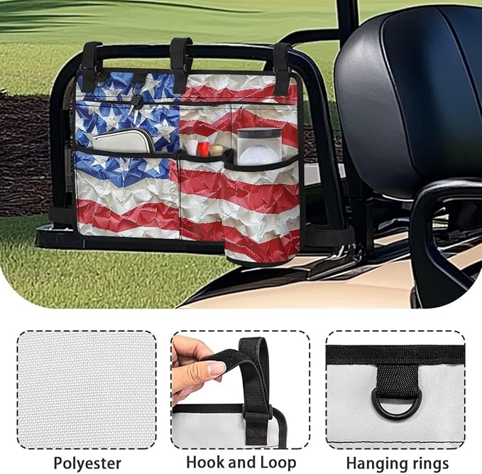 American Flag Golf Cart Bag, Golf Cart Rear Seat Organizer with Open Pockets for Golf Balls & Bottles