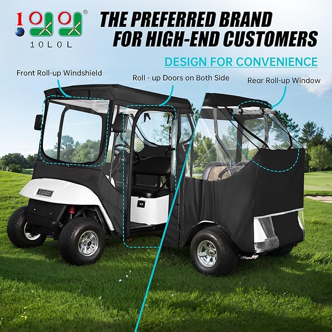 10L0L 2/4 Passenger Golf Cart Driving Enclosure for EZGO TXT/RXV Model, 4-Sided Clear Window 600D Rain Cover All Weather Windproof Waterproof - Black/Beige