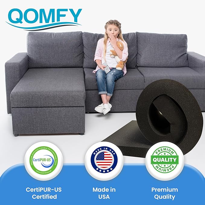 QOMFY 2" Height x 18" Width x 24" Length Charcoal Upholstery Foam Sheet | Made in USA | Multi-Purpose Foam for Upholstery, DIY, Packaging & Acoustic Projects