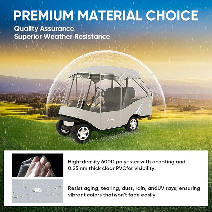 Rosefray Golf Cart Enclosure, 2+2 Drivable Rain Cover, Short Roof 58" - EZGO, Club Car - Durable Door Zipper - 4 Seater Golf Cart Cover Glowing at Night