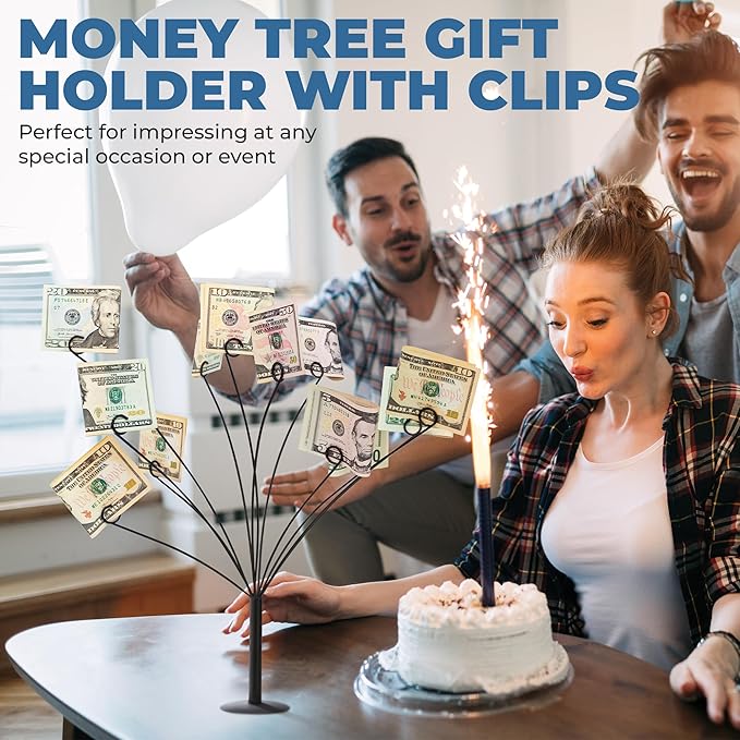 CraftyCrocodile Gift Card Tree Holder - Metal Display Stand with 11 Flexible Clips for Photos, Money, Lottery Tickets, Cards & Notes - Matte Black Finish