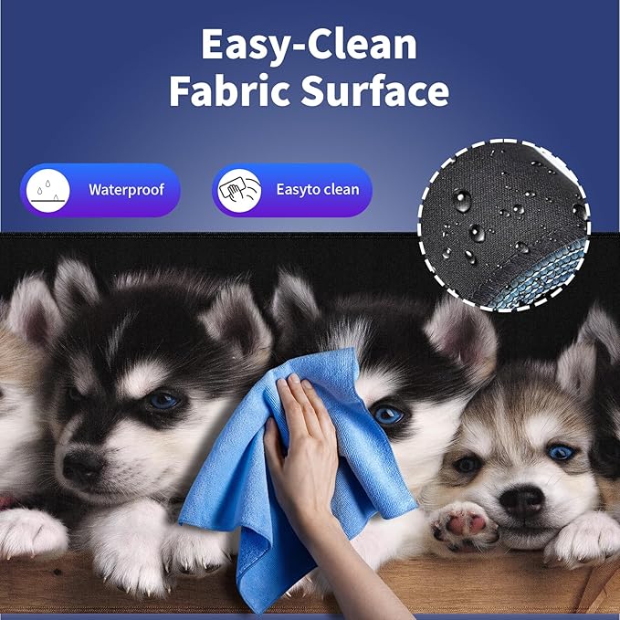 Wknoon. Extra Large Gaming Mouse Pad (31.5" x 11.8") with Durable Stitched Edges – Adorable Siberian Husky Puppies in Wooden Crate, Anti-Slip Rubber Base & Smooth Fabric Surface Extended XXL Desk Mat