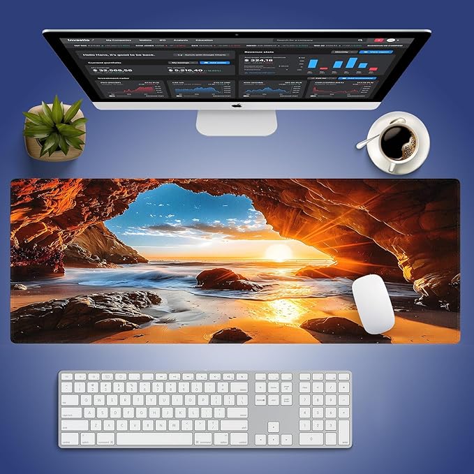 Wknoon. Extra Large Gaming & Office Mouse Pad (31.5" x 11.8") with Durable Stitched Edges – Beach Scene Sunrise Through a Cave Landscape, Anti-Slip Base & Smooth Cloth Surface Extended XXL Desk Mat