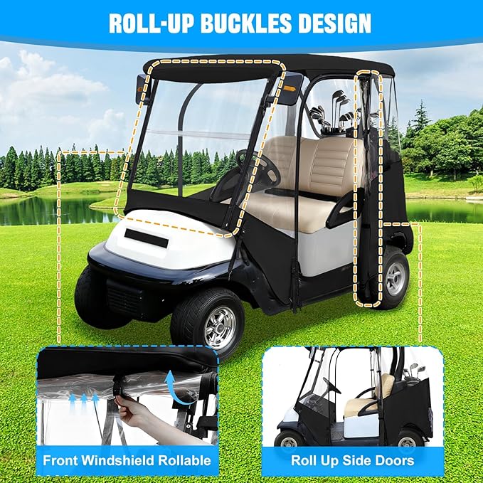 iLSKW Golf Cart Driving Enclosure 2 Passenger Only for Club Car Precedent 2004-Up, Tempo & Onward 2017-Up Cart with Roll Up Door Zipper Design, 4-Side Clear Windows 600D Heavy Duty Rain Cover
