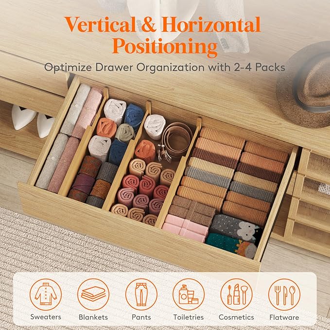 Lifewit 8 Pack 5" Deep Bamboo Drawer Dividers, 13-16.5" Expandable Drawer Organizers for Clothes, Adjustable Dresser Drawer Divider, Clothing Drawer Separators for Dresser, Bedroom, Bathroom, Kitchen