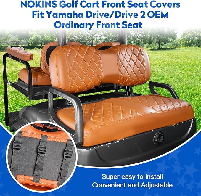 NOKINS Golf Cart Seat Covers for YAMAHA/G29/Drive2, Vinyl Front&Rear Seat Cover with Flip-Up Armrests kit, with Cup Holder, for 1" Square Tube (All Brown)
