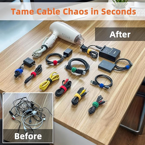 130PCS Reusable Cable Ties with Hook and Loop, Multi-purpose Adjustable 8 Inch Cable Management Wire Ties Cable Straps for Organizing Home, Office and Data Centers, Black