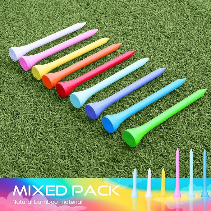 Golf Tees Multiple Colors Mixed Size Package, 100pcs Professional Bamboo/Wood Golf Tees, Size 3-1/4", 2-3/4" & 1-1/2" Reduce Friction and Resistance