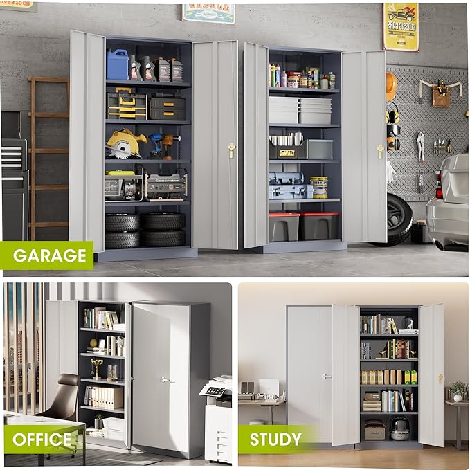 Metal Lockable Storage Cabinet, 72” Storage Cabinet with 2 Doors and 4 Adjustable Shelves for Office, Home, Garage, Pantry (Assembly Required, Grey White)